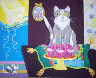 Painting titled "L'anniversaire de M…" by Nadine Rivoal, Original Artwork, Other Mounted on Wood Stretcher frame