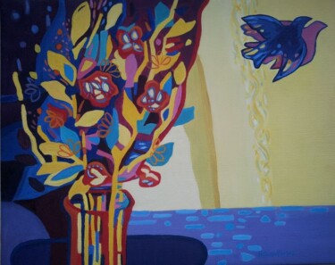 Schilderij getiteld "Le bouquet" door Nadine Rivoal, Origineel Kunstwerk, Olie Gemonteerd op Frame voor houten brancard