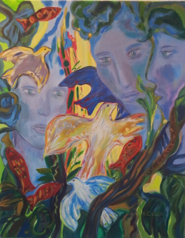 Painting titled "Au coeur de la forêt" by Nadine Rivoal, Original Artwork, Acrylic Mounted on Wood Stretcher frame