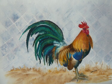 Painting titled "Coq gaulois" by Nadine Soria, Original Artwork, Watercolor