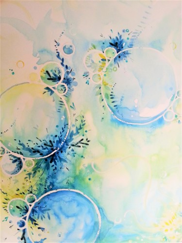 Painting titled "Aquatique" by Nadine Stoeltzlen, Original Artwork, Watercolor Mounted on Wood Stretcher frame