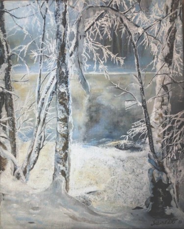 Painting titled "L'étang en hiver" by Nadine Coffinier, Original Artwork, Acrylic