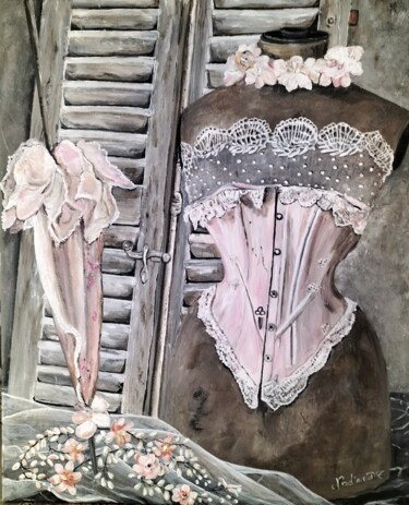 Schilderij getiteld "Le corset rose" door Nadine Coffinier, Origineel Kunstwerk, Acryl Gemonteerd op Frame voor houten branc…