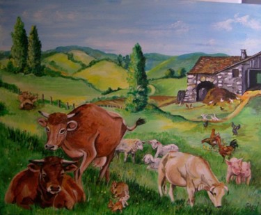 Peinture intitulée "Vache à la campagne" par Nadine Coffinier, Œuvre d'art originale