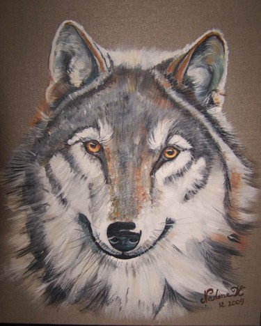Peinture intitulée "Tête de loup canadi…" par Nadine Coffinier, Œuvre d'art originale