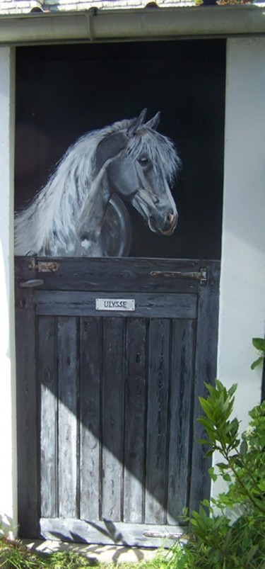 Malerei mit dem Titel "Le cheval à l'écurie" von Nadine Coffinier, Original-Kunstwerk, Acryl