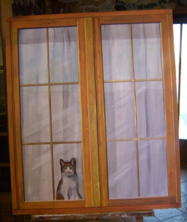 Peinture intitulée "Chat à la fenêtre" par Nadine Coffinier, Œuvre d'art originale, Acrylique