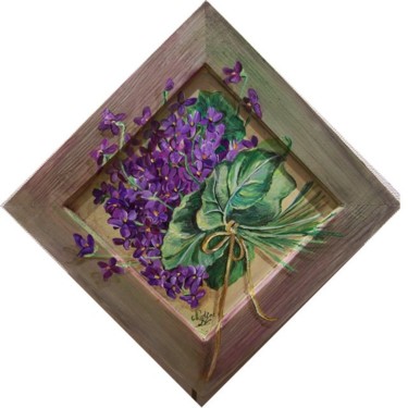 Peinture intitulée "violettes sur bois" par Nadine Coffinier, Œuvre d'art originale