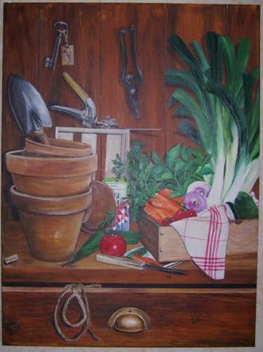 Painting titled "l'établi du jardini…" by Nadine Coffinier, Original Artwork, Acrylic