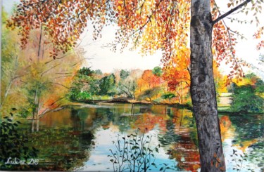 Peinture intitulée "L'étang en automne" par Nadine Coffinier, Œuvre d'art originale, Acrylique