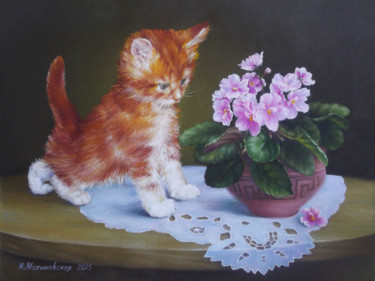 Painting titled "Kitten and violets" by Nadine Malino, Original Artwork, Oil