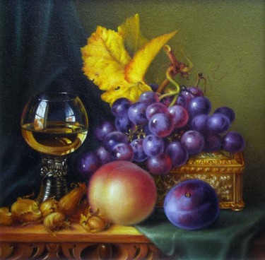 Painting titled "Peach and grape" by Nadine Malino, Original Artwork, Oil