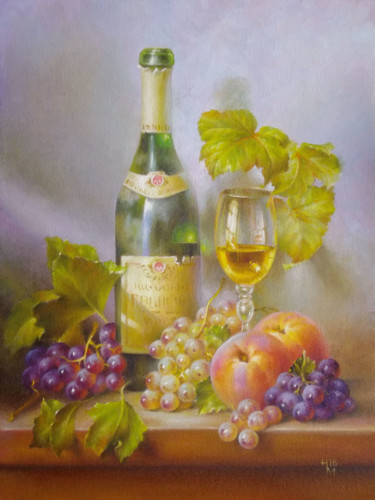Painting titled "Wine and fruits 21.…" by Nadine Malino, Original Artwork, Oil