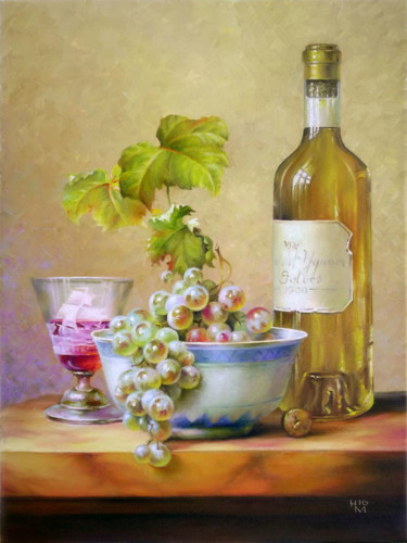 Malarstwo zatytułowany „Wine and fruits 25.…” autorstwa Nadine Malino, Oryginalna praca, Olej