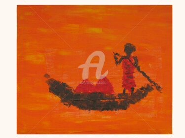 Peinture intitulée "Barque de l'au-delà" par Nadine Monchaud, Œuvre d'art originale, Huile