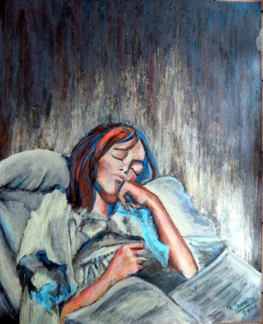 Peinture intitulée "La lectrice assoupie" par Nadine Nicaise, Œuvre d'art originale, Acrylique