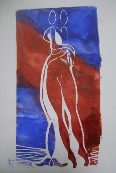 Gravures & estampes intitulée ""le pendule" amoure…" par Nadine Trescartes (fildefériste), Œuvre d'art originale, Linogravur…