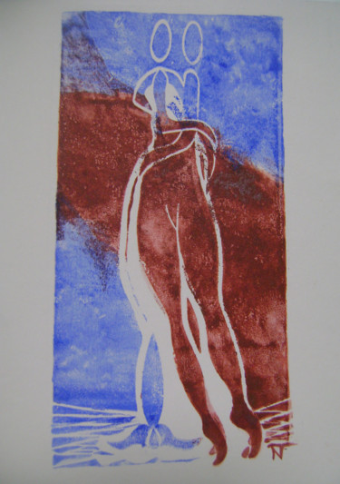 Gravures & estampes intitulée ""Viens ma douce" N°1" par Nadine Trescartes (fildefériste), Œuvre d'art originale, Linogravur…