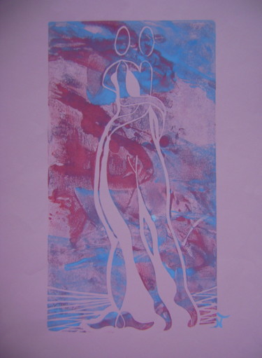 Druckgrafik mit dem Titel ""le pendule amoureu…" von Nadine Trescartes (fildefériste), Original-Kunstwerk, Linoldrucke