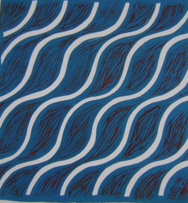 Printmaking titled "ondulations bleues" by Nadine Trescartes (fildefériste), Original Artwork, Linocuts Mounted on Other rig…