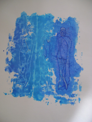 Prenten & gravures getiteld ""Mayas Bleues" N° 4" door Nadine Trescartes (fildefériste), Origineel Kunstwerk, Ets