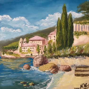 Painting titled "Como Lake, Italy" by Nadia Voro, Original Artwork, Oil Mounted on Wood Stretcher frame