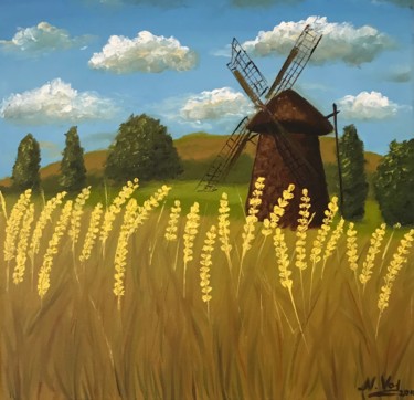 Painting titled "Windmill in Holland" by Nadia Voro, Original Artwork, Oil Mounted on Wood Stretcher frame