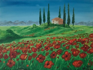 Painting titled "Poppies of Tuscany" by Nadia Voro, Original Artwork, Oil Mounted on Wood Stretcher frame
