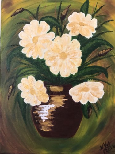 Schilderij getiteld "Golden Flowers" door Nadia Voro, Origineel Kunstwerk, Olie Gemonteerd op Frame voor houten brancard