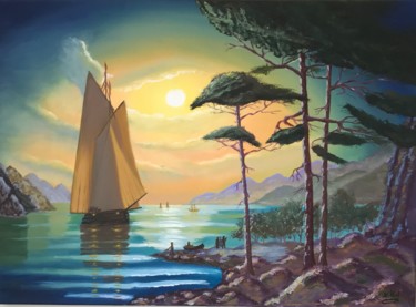 Painting titled "Boat at The Sunset" by Nadia Voro, Original Artwork, Oil Mounted on Wood Stretcher frame