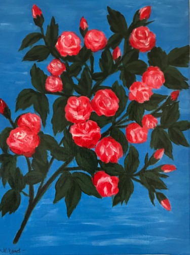 Painting titled "Roses on blue" by Nadia Voro, Original Artwork, Acrylic Mounted on Wood Stretcher frame