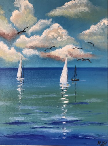 Painting titled "Calming blue sea" by Nadia Voro, Original Artwork, Oil Mounted on Wood Stretcher frame