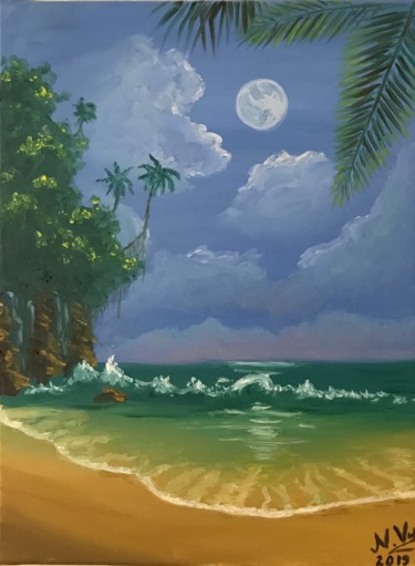 Painting titled "Full Moon. Sea Bree…" by Nadia Voro, Original Artwork, Oil Mounted on Wood Stretcher frame