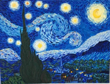 Painting titled "The Starry Night, V…" by Nadia Voro, Original Artwork, Oil Mounted on Wood Stretcher frame