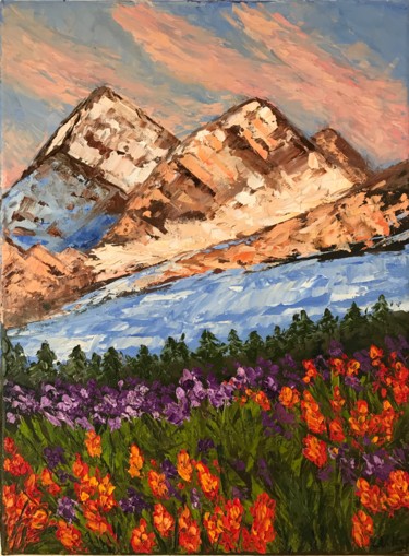 Painting titled "Spring in the mount…" by Nadia Voro, Original Artwork, Oil Mounted on Wood Stretcher frame