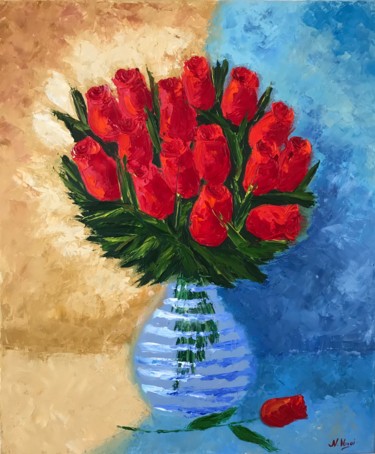 Painting titled "Bouquet of Roses" by Nadia Voro, Original Artwork, Oil Mounted on Wood Stretcher frame