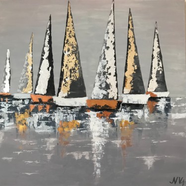 Painting titled "Boats" by Nadia Voro, Original Artwork, Acrylic Mounted on Wood Stretcher frame