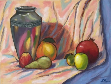Still life with fruits. Inspired by Paul Cézanne. Painting titled "Still life with fru…" by Nadia Voro, Original Artwork, Oil Mounted on Wood Stretcher frame