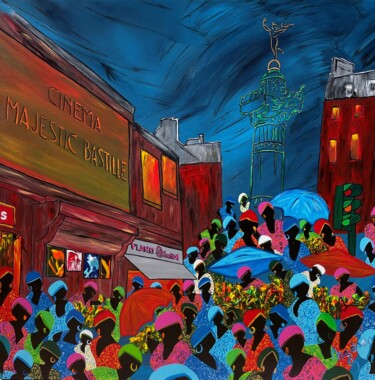 Картина под названием "Le marché de Bastil…" - Nadodo, Подлинное произведение искусства, Акрил Установлен на Деревянная рама…