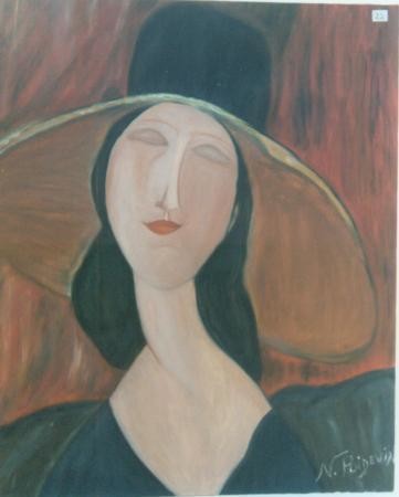 Peinture intitulée "Femme au large chap…" par Nadine Poidevin, Œuvre d'art originale