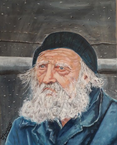Painting titled "Old man in blue" by Nadya Abrous, Original Artwork, Oil Mounted on Wood Stretcher frame