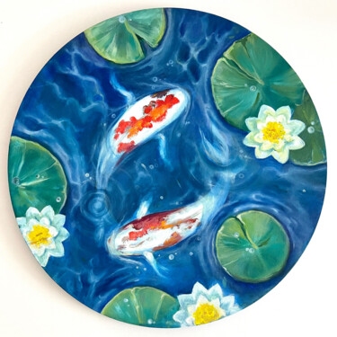 Painting titled "Fishes" by Nadya Lem, Original Artwork, Oil Mounted on Wood Stretcher frame