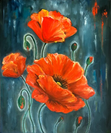 Painting titled "Poppies" by Nadya Lem, Original Artwork, Oil