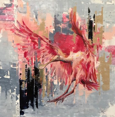 Painting titled "Pink bird" by Nadya Mamonova, Original Artwork, Oil