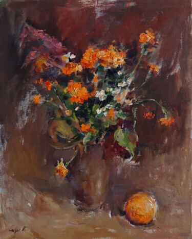 Malerei mit dem Titel "Grandmother's flowe…" von Nadya Syabro, Original-Kunstwerk, Öl