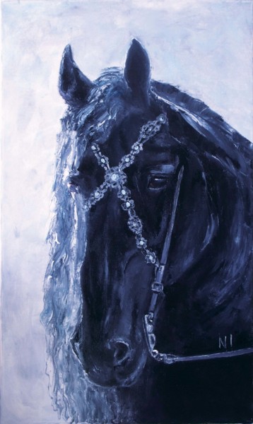 Painting titled "Horse black" by Nadezhda Ivanova, Original Artwork, Oil Mounted on Wood Stretcher frame