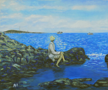 Painting titled "The blu rokc" by Nadezhda Ivanova, Original Artwork, Oil Mounted on Wood Stretcher frame