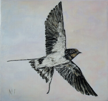 Painting titled "Swallow in fly" by Nadezhda Ivanova, Original Artwork, Oil Mounted on Wood Stretcher frame