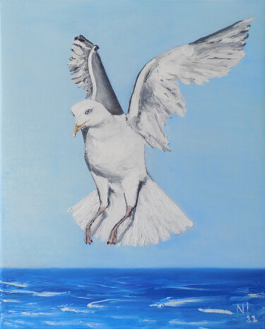 Schilderij getiteld "Seagull 1" door Nadezhda Ivanova, Origineel Kunstwerk, Olie Gemonteerd op Frame voor houten brancard