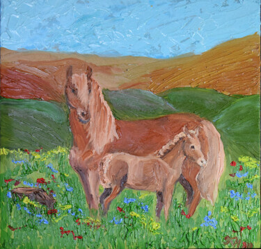 Horse with Cub Oil Impasto Small Artwork 12x12 by NadyaLerm Painting titled "Horse with Cub Oil…" by Nadyalerm, Original Art, Oil